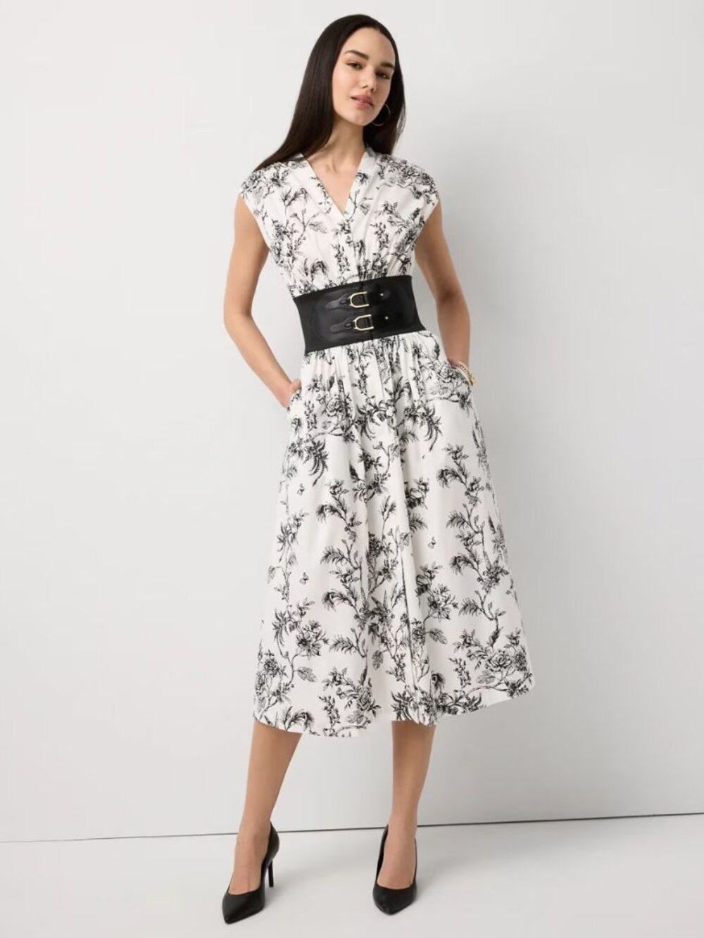 WHBM $200 Cotton Blend Belted Midi Dress Wide Belt Madison Floral Ecru 12 Reg